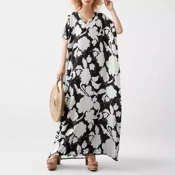 DIMANAF 2024 платье больших размеров, летнее женское свободное платье с v-образным вырезом и цветочным принтом, макси с короткими рукавами, винтажное стильное праздничное новое платье One Size чёрный
