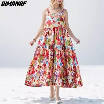Dimanaf 2024 Платье больших размеров, летнее женское свободное платье без рукавов с цветочным принтом, пляжное модное базовое новое милое платье с круглым вырезом