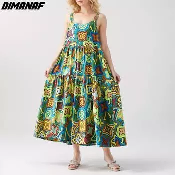 Dimanaf 2024 Платье больших размеров, летнее женское свободное платье без рукавов с цветочным принтом, пляжная мода с круглым вырезом, базовый новый большой размер