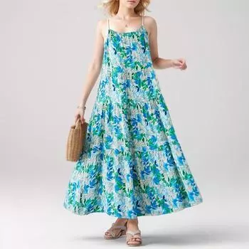 DIMANAF 2024 Платье больших размеров, летнее женское винтажное элегантное платье без рукавов с цветочным принтом, свободное новое льняное длинное платье One Size зелёный