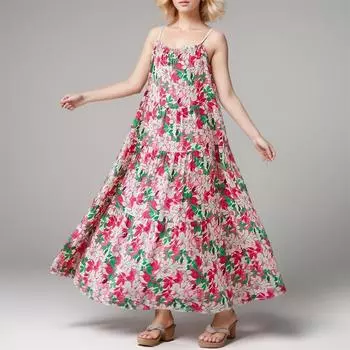 Dimanaf 2024 Платье больших размеров, летнее женское винтажное льняное элегантное свободное платье без рукавов с цветочным принтом, новое длинное платье One Size красный