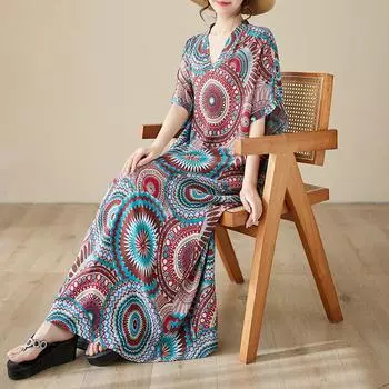 DIMANAF 2024 платье больших размеров женский летний сарафан с v-образным вырезом льняной горошек богемный цветочный принт свободный большой размер длинное платье макси