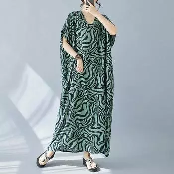 DIMANAF 2024 Платье больших размеров Женская одежда Летний богемный сарафан с v-образным вырезом и цветочным принтомЭлегантное женское свободное платье макси больших размеров One Size зелёный