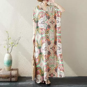 DIMANAF 2024 платье больших размеров женское летнее платье с v-образным вырезом богемный свободный макси-платье с цветочным принтом большого размера 5499 One Size