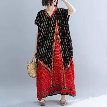DIMANAF 2024 платье больших размеров женский летний сарафан с v-образным вырезом богемный свободный макси-платье большого размера с цветочным принтом 1932
