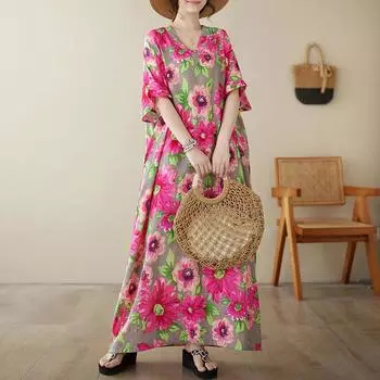 DIMANAF 2024 платье больших размеров женское летнее платье с v-образным вырезом богемный свободный макси-платье большого размера с цветочным принтом 9043