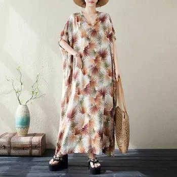 DIMANAF 2024 платье больших размеров женский летний сарафан с v-образным вырезом богемный свободный макси-платье большого размера с цветочным принтом 5511 One Size белый