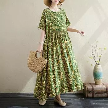 DIMANAF 2024 Платье больших размеров Женское летнее платье с круглым вырезом Сарафан в богемном стиле с цветочным принтом Свободное платье макси большого размера 9015