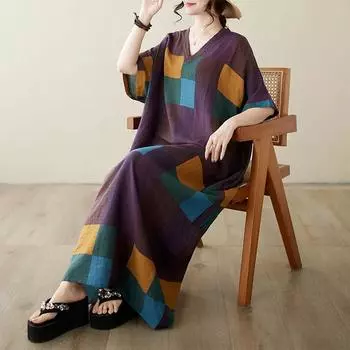 DIMANAF 2024 платье больших размеров женское летнее платье с v-образным вырезом богемный свободный макси-платье большого размера с цветочным принтом 9052