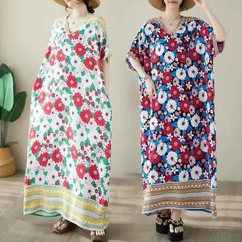 DIMANAF 2024 платье больших размеров женское летнее платье с v-образным вырезом богемный свободный макси-платье большого размера с цветочным принтом 9026