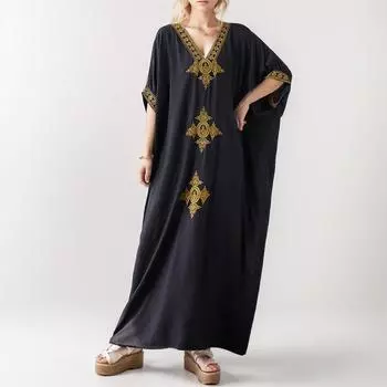 Dimanaf 2024 платье больших размеров, летнее женское винтажное платье с праздничным принтом и вышивкой, v-образным вырезом и коротким рукавом, свободное новое длинное платье One Size чёрный