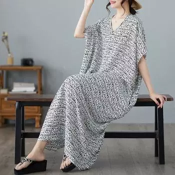 DIMANAF 2024 платье больших размеров женская одежда летний сарафан с v-образным вырезом богемный цветочный принт белое элегантное женское свободное платье макси больших размеров One Size