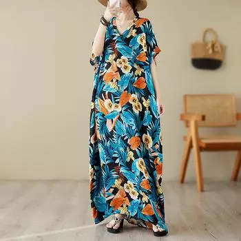 DIMANAF 2024 платье больших размеров женское летнее платье с v-образным вырезом богемный свободный макси-платье большого размера с цветочным принтом 5468 One Size