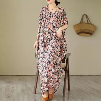 DIMANAF 2024 платье больших размеров женское летнее платье с v-образным вырезом богемный свободный макси-платье большого размера с цветочным принтом 5449