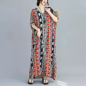 DIMANAF 2024 платье больших размеров женское летнее платье с v-образным вырезом богемный свободный макси-платье большого размера с цветочным принтом 6008 One Size