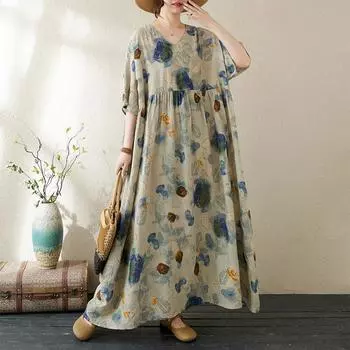 Dimanaf 2024 Платье больших размеров, новое летнее винтажное базовое женское платье с цветочным принтом, свободное длинное платье с короткими рукавами и v-образным вырезом