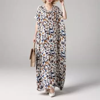 Dimanaf 2024 Платье больших размеров, летнее женское платье с v-образным вырезом и цветочным принтом, свободное платье с коротким рукавом в винтажном стиле, праздничное новое платье макси One Size