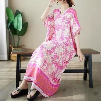 DIMANAF 2024 платье больших размеров женский летний сарафан с v-образным вырезом богемный свободный макси-платье большого размера с цветочным принтом 9019