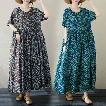 DIMANAF 2024 платье больших размеров, женское летнее платье с круглым вырезом, богемный свободный макси-платье большого размера с цветочным принтом 9011