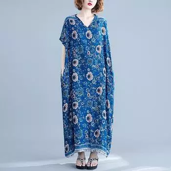 DIMANAF 2024 платье больших размеров женское летнее платье с v-образным вырезом богемный свободный макси-платье большого размера с цветочным принтом 7015 One Size синий