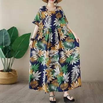 DIMANAF 2024 Платье больших размеров, женское летнее платье с круглым вырезом, богемный свободный макси-платье большого размера с цветочным принтом 9006