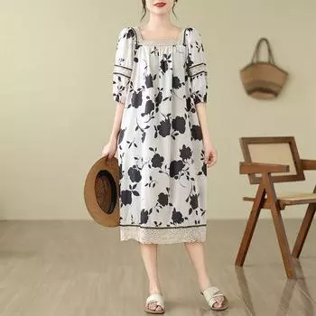 DIMANAF 2024 платье больших размеров женский летний сарафан с v-образным вырезом длинный цветочный принт винтажное свободное кружевное платье макси оверсайз