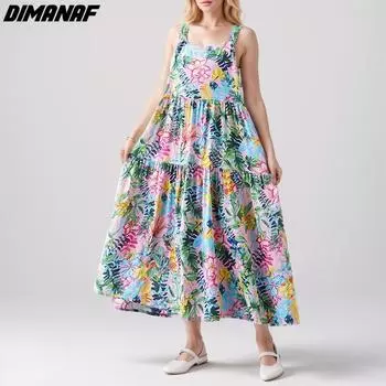 Dimanaf 2024 Платье больших размеров, летнее женское свободное платье без рукавов с цветочным принтом, пляжное модное базовое новое платье трапециевидной формы с круглым вырезом