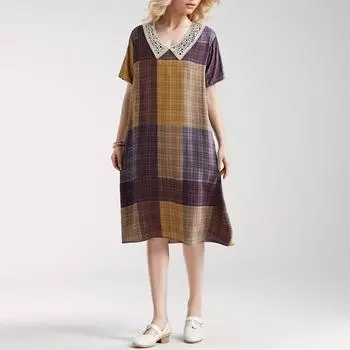Dimanaf 2024 Платье больших размеров, летнее женское винтажное льняное элегантное стильное свободное платье с короткими рукавами, новое клетчатое платье миди One Size коричневый