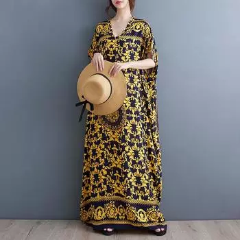 DIMANAF 2024 платье больших размеров женское летнее платье с v-образным вырезом богемный свободный макси-платье большого размера с цветочным принтом 5471 One Size золотой