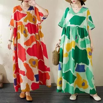 Dimanaf 2024 Платье больших размеров, новое летнее винтажное базовое женское платье с принтом, длинное льняное платье с короткими рукавами и v-образным вырезом