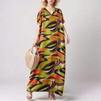 DIMANAF 2025 Платье больших размеров, летнее женское, винтажный стиль, праздничный принт, V-образный вырез, короткий рукав, свободное новое длинное платье A One Size зелёный