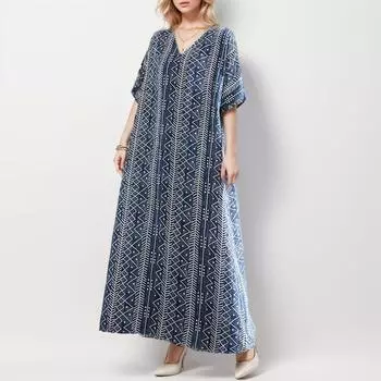 Dimanaf 2024 платье больших размеров, летнее женское свободное платье с коротким рукавом, синее льняное модное винтажное базовое новое платье с v-образным вырезом