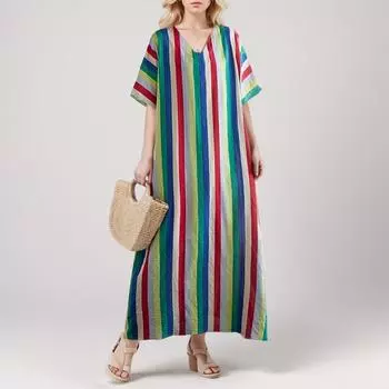 Dimanaf 2024 платье больших размеров, летнее женское свободное платье в полоску с коротким рукавом, пляжное модное винтажное базовое новое платье с v-образным вырезом