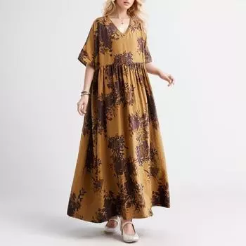 Dimanaf 2024 Платье больших размеров, летнее женское свободное льняное платье с коротким рукавом и цветочным принтом в винтажном стиле, базовое новое платье с v-образным вырезом