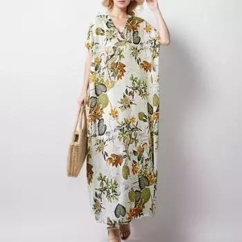 Dimanaf 2024 платье больших размеров, летнее женское винтажное платье с цветочным принтом и v-образным вырезом, с коротким рукавом, свободное новое длинное платье One Size бежевый