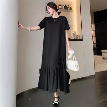 Dimanaf 2024 платье больших размеров, летнее женское винтажное свободное платье макси с коротким рукавом, базовый стиль, плиссированное праздничное новое повседневное платье