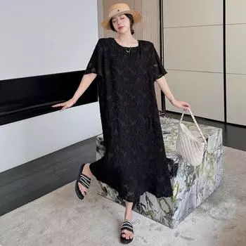 Dimanaf 2024 Платье больших размеров, летнее женское кружевное платье с коротким рукавом, винтажное свободное платье макси, базовый стиль, однотонное праздничное новое платье