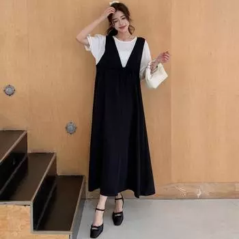 Dimanaf 2024 платье больших размеров, летнее женское винтажное свободное платье макси с коротким рукавом, однотонное праздничное новое платье из двух частей