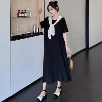 Dimanaf 2024 Платье больших размеров, летнее женское винтажное свободное платье макси с короткими рукавами, черное базовое стильное праздничное новое платье