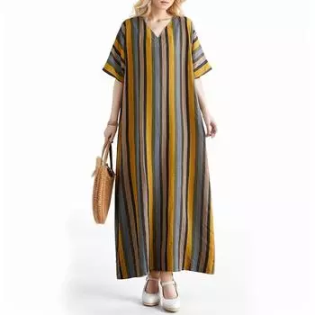 Dimanaf 2024 Платье больших размеров, летнее женское полосатое свободное льняное платье с коротким рукавом в винтажном стиле, базовое новое платье с v-образным вырезом