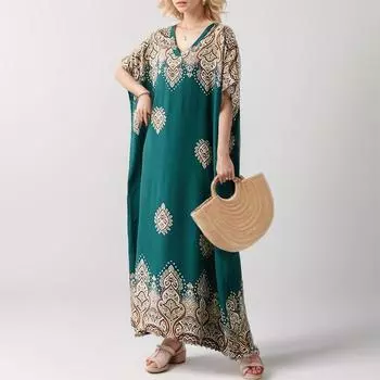 Dimanaf 2024 платье больших размеров, летнее женское винтажное платье с v-образным вырезом и принтом, праздничное богемное свободное новое длинное платье с короткими рукавами One Size зелёный