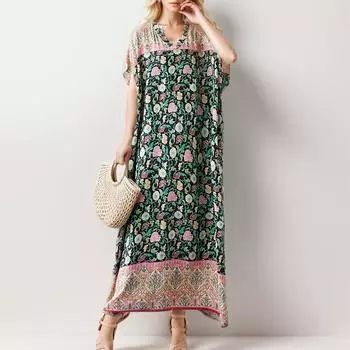 DIMANAF 2024 платье больших размеров, летнее женское платье с v-образным вырезом и цветочным принтом в винтажном стиле, свободное праздничное новое длинное платье с короткими рукавами One Size зелёный