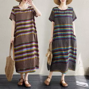 Dimanaf 2024 платье больших размеров, новое летнее базовое свободное женское платье с круглым вырезом и коротким рукавом, винтажное длинное пляжное платье большого размера в полоску