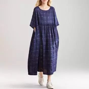 DIMANAF 2024 Платье больших размеров, летнее женское клетчатое с круглым вырезом, свободное, с коротким рукавом, макси, винтажный стиль, праздничное, новое платье 2XL синий
