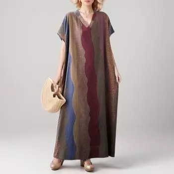 DIMANAF 2024 Платье Большого Размера Женское Летний Сарафан Богемный Цветочный Принт Элегантная Леди Свободное Оверсайз Макси Платье 5XL XL коричневый