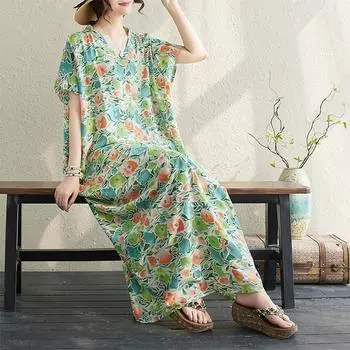 DIMANAF 2024 платье больших размеров женское летнее платье с v-образным вырезом богемный свободный макси-платье большого размера с цветочным принтом 728 One Size
