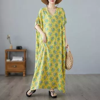 DIMANAF 2024 платье больших размеров женская одежда летний сарафан с v-образным вырезом богемный цветочный принт элегантное желтое свободное платье макси больших размеров One Size жёлтый