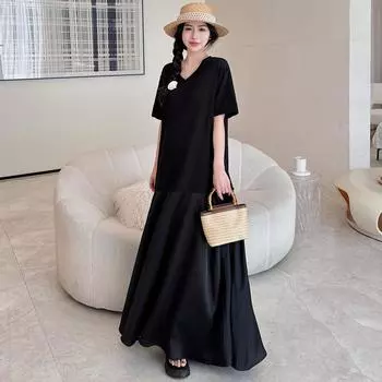 Dimanaf 2024 Платье больших размеров, летнее женское платье с v-образным вырезом и коротким рукавом, винтажное свободное платье макси в базовом стиле, однотонное праздничное новое платье