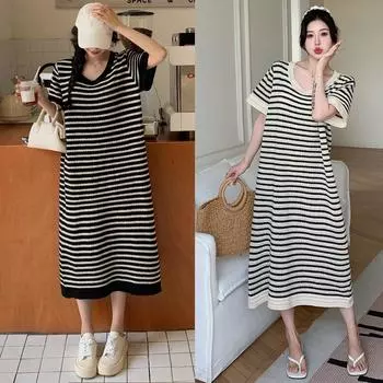 DIMANAF 2024 Платье больших размеров, летнее женское с круглым вырезом, винтажное, свободное, с коротким рукавом, в полоску, стиль макси, праздничное, новое платье