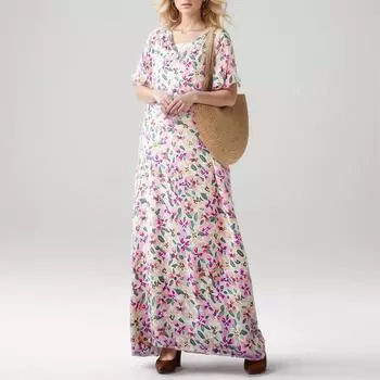 Dimanaf 2024 платье больших размеров, летнее женское винтажное стильное праздничное свободное платье с цветочным принтом и v-образным вырезом, с коротким рукавом, новое длинное платье One Size розовый